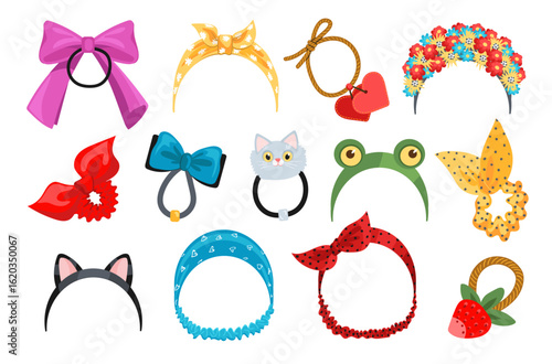 Cartoon hair rubber bands. Female accessories, decorative funny scrunchies and color patterned headbands, women and kids fashion, flowers and ribbon bows, splendid vector isolated set