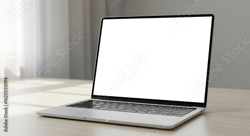 laptop with blank white screen in office