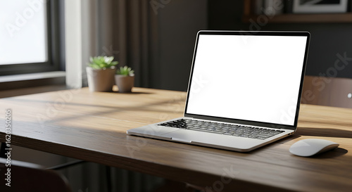 laptop with blank white screen in office