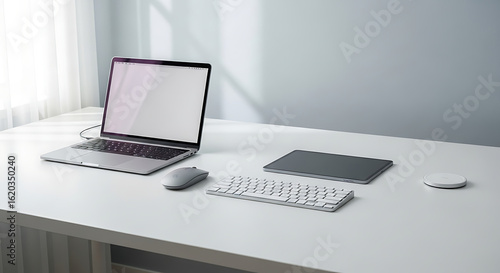 laptop with blank white screen in office