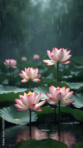 Lotus Flowers in Rainy Pond