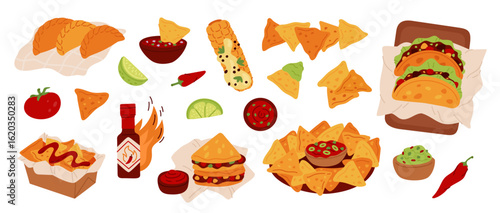 Traditional mexican food. Spicy dishes, holiday, everyday cuisine, nachos, quesadillas, tacos, burritos with salsa and guacamole, street takeaway meal cartoon isolated garish vector set