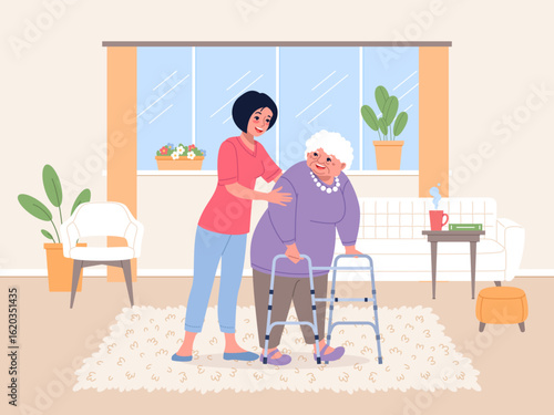 Elder people care. Social worker helps elderly woman around house, volunteer at pensioner home, volunteer nurse with grandma, grandmother on walkers cartoon flat style classy vector concept
