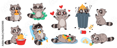 Cute raccoon character. Little fluffy animal, happy wild mammal in garbage bin, cartoon funny mascot steal food, different poses and actions, eating and playing garish vector isolated set