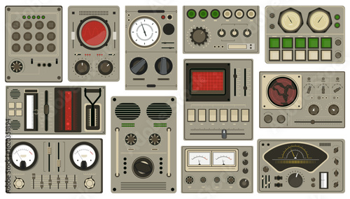 Control panel buttons. Retro spaceships dashboards, analog devices and techniques, metal consoles, dials and indicators, old spacecraft cockpit interface, qualitative vector isolated set