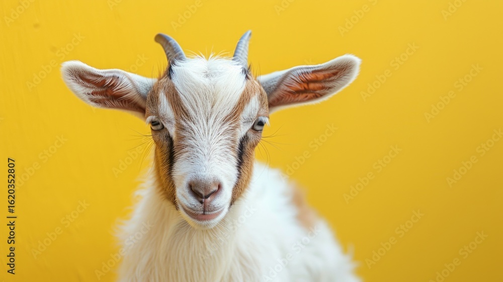 Baby goat with white and brown fur, standing on a bright yellow background, sunny farm animal aesthetic Baby goat with white and brown fur, standing on a bright yellow background, sunny farm animal aesthetic