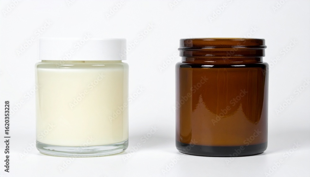Soy candles in dark amber and white glass bottles with cover, on a white background. Soy candles in dark amber and white glass bottles with cover, on a white background.