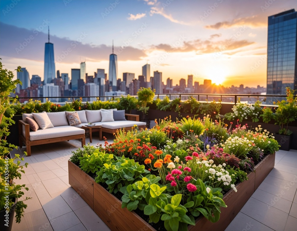 Fototapeta premium Rooftop Garden Oasis with City Skyline at Sunset.