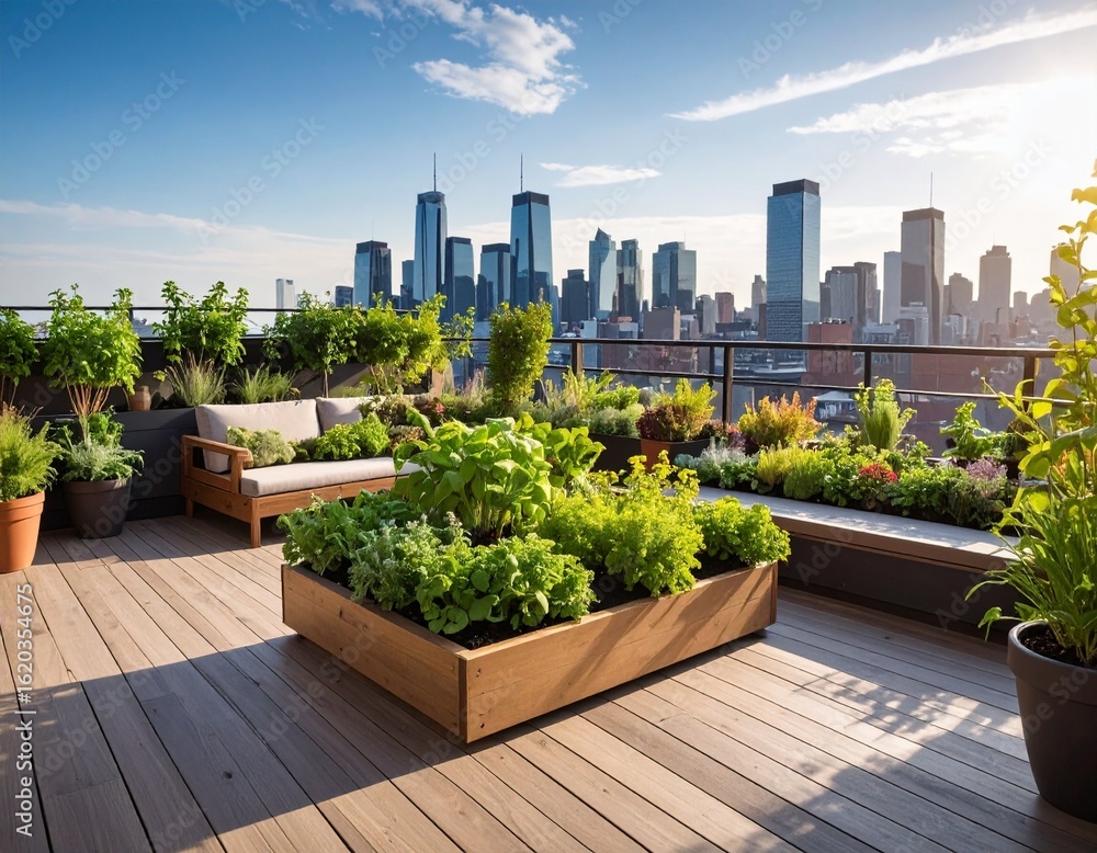 Fototapeta premium Urban Rooftop Garden with City Skyline View Relaxing Outdoor Oasis.