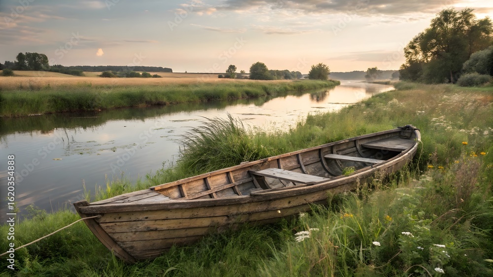 Obraz premium Old wooden rowboat rests beside a serene river at sunset