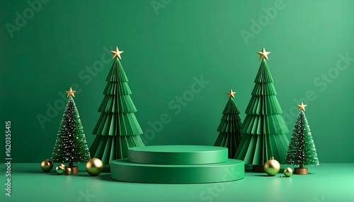 Festive Green Christmas Product Display Podium with Trees.