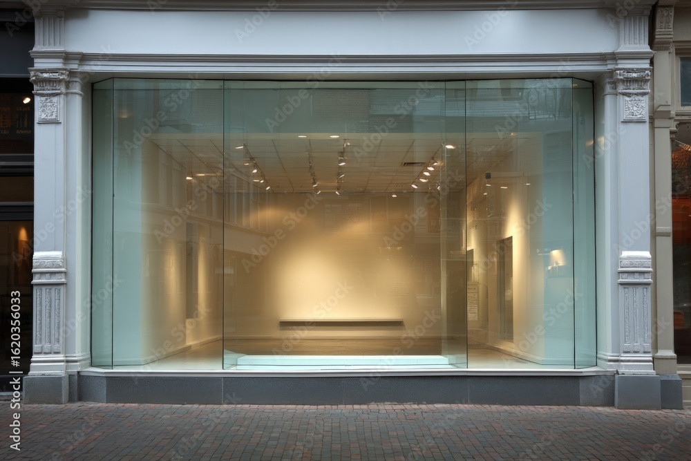 Gallery storefront displays minimalist design with large glass windows and soft lighting Gallery storefront displays minimalist design with large glass windows and soft lighting