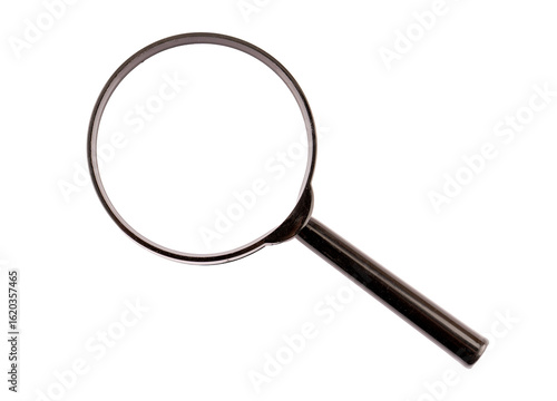 Classic black magnifying glass top view for analysis and research