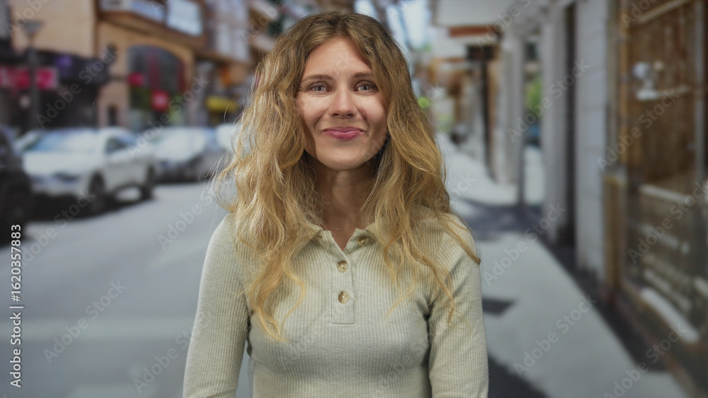Fototapeta premium Image shows woman with flowing hair smiling on a street, offering a blonde portrait set in an urban backdrop capturing a young outdoors atmosphere in the city.