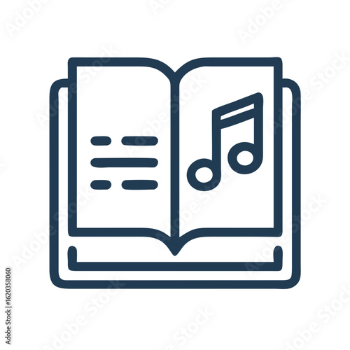 Open music book with a melody note and text icon illustration