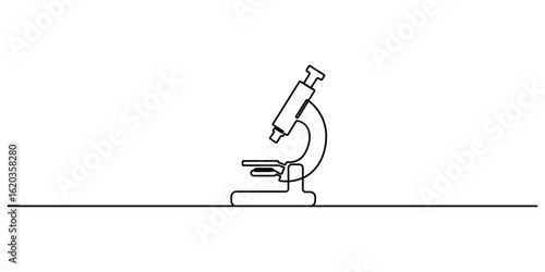 Continuous one line drawing of a laboratory microscope. Minimalist line art style microscope vector illustration