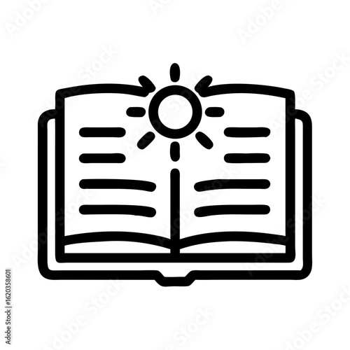 Open book with sun icon representing knowledge, learning, and enlightenment