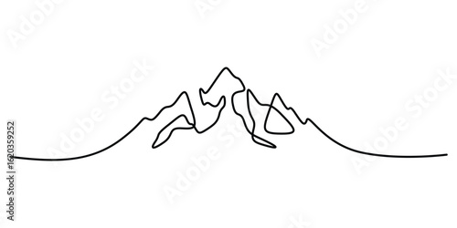 Continuous one line drawing of mountain range landscape, Mountains, Web banner with high mounts and peaks in simple linear style. Doodle vector illustration