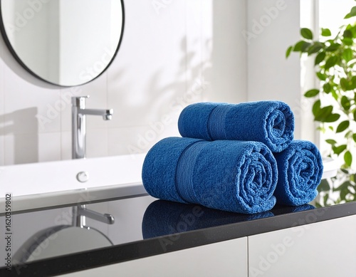 Rolled blue towels arranged symmetrically on a sleek black surface with chrome fixtures in the background. White bathtub edge visible, background with clean white wall panels.