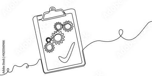 Line continuous gear art one cog icon work business factory wheel. Gear continuous line vector computer outline setting cogwheel technology sketch drawing science stroke machine brain background.