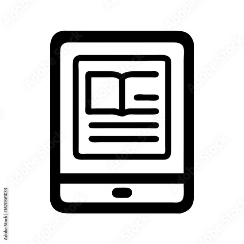 Black and white icon representing an ereader with an open book