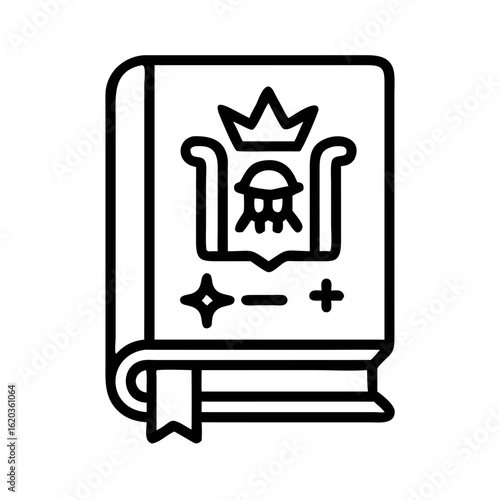 Magical spellbook or grimoire with ribbon and crest, isolated on white background