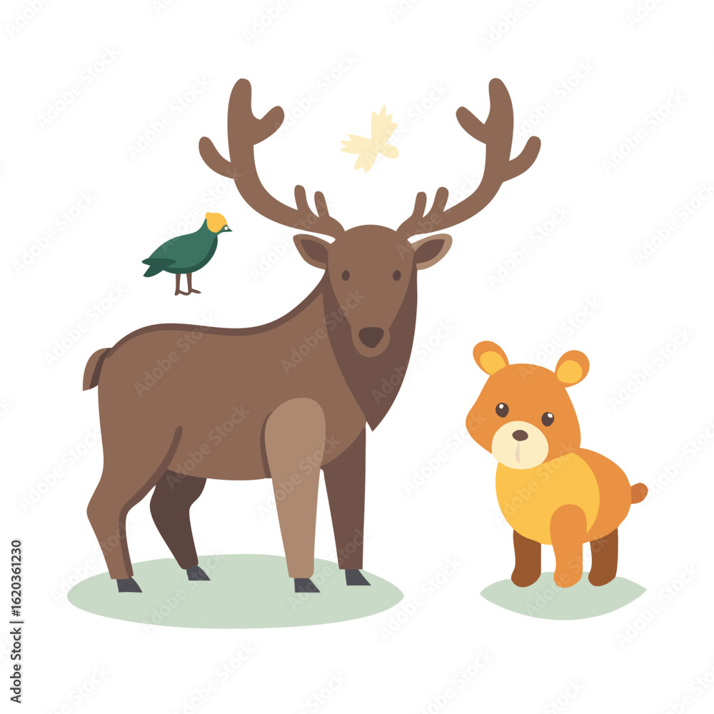 Obraz premium Cartoon illustration of a deer, bear cub, and small bird on grass