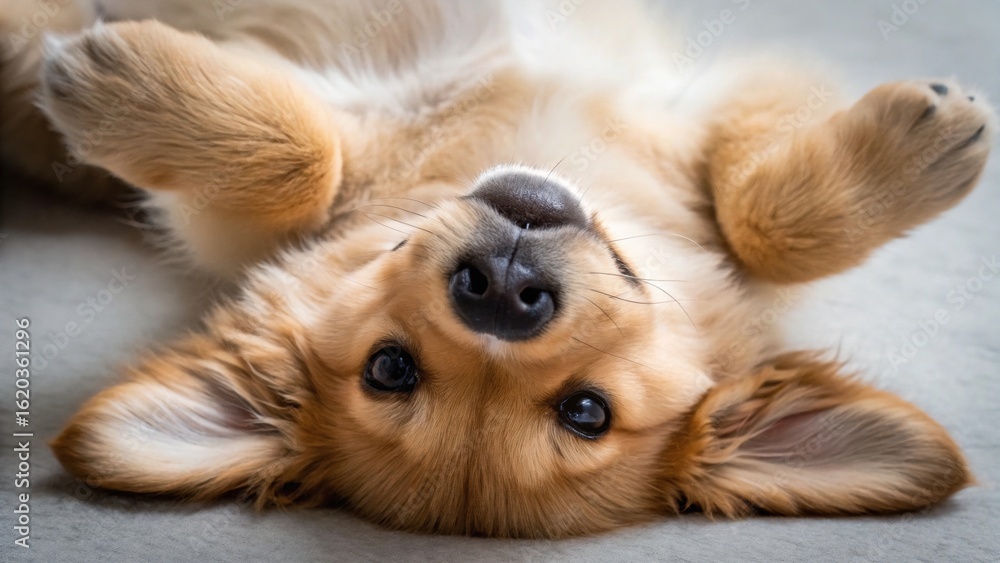 Obraz premium A playful corgi puppy lies on its back with its paws in the air, displaying a cute and friendly demeanor.