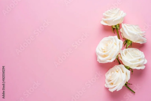 Five delicate white roses arranged on a vibrant pink background