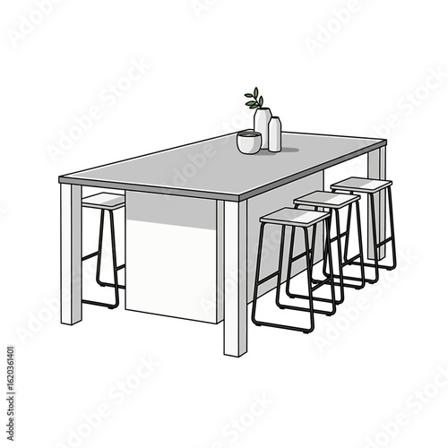 Minimalist Kitchen Island and Stools Drawing