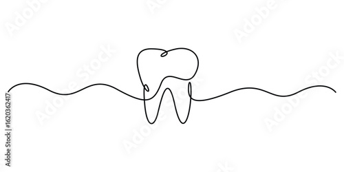 Continuous one line drawing of tooth whitening, Tooth continuous single line drawing. Dental symbol. Dental care concept vector illustration