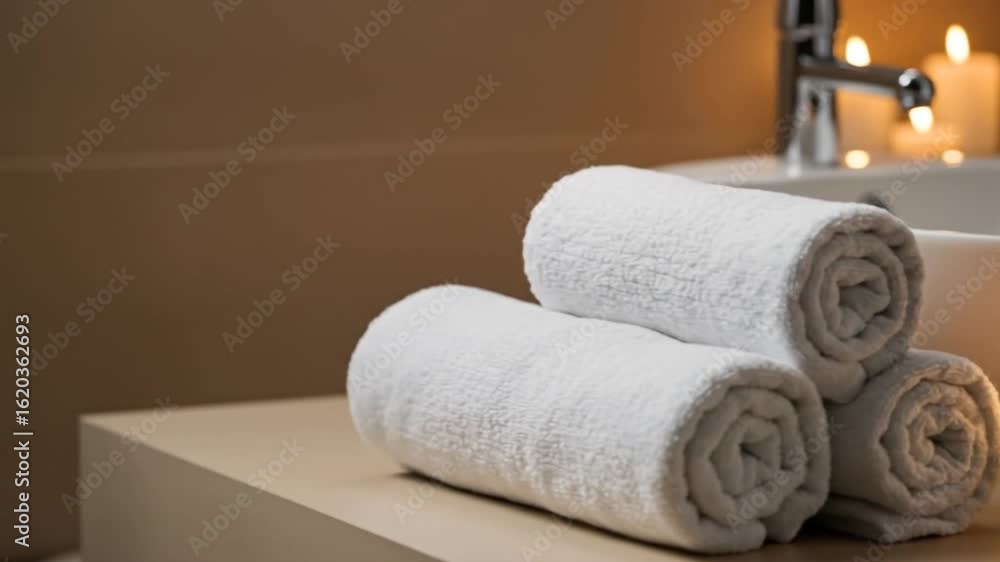 Relaxing bathroom scene featuring neatly rolled white towels beside a sink and lit candles, creating a tranquil atmosphere Relaxing bathroom scene featuring neatly rolled white towels beside a sink and lit candles, creating a tranquil atmosphere