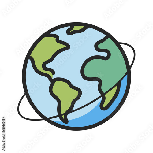 Stylized illustration of Earth with blue water and green landmasses and satellite orbit