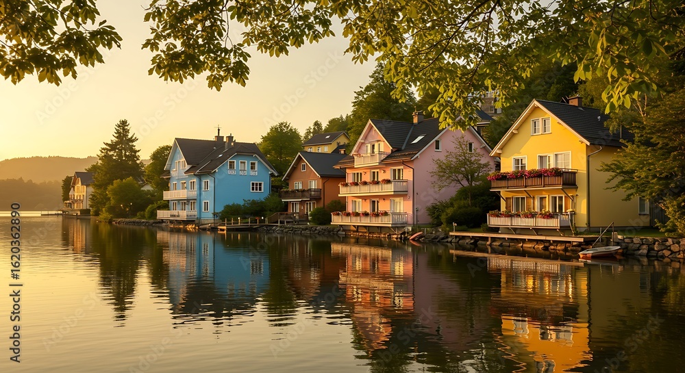 Fototapeta premium Warm Scenery of Colorful Cottages by the Lake at Dusk