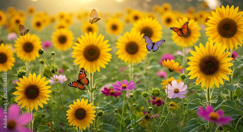 Eco - Picture of Sunflowers and Butterflies in a Sunny Flower Field Eco - Picture of Sunflowers and Butterflies in a Sunny Flower Field