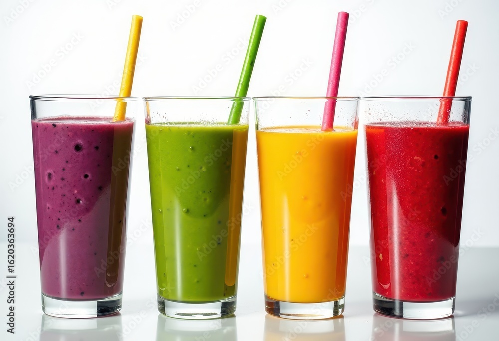 Four colorful smoothies in tall glasses: purple, green, orange, and red, each with a straw. A vibrant and refreshing image, ideal for health, fitness, and nutrition themes. Four colorful smoothies in tall glasses: purple, green, orange, and red, each with a straw. A vibrant and refreshing image, ideal for health, fitness, and nutrition themes.