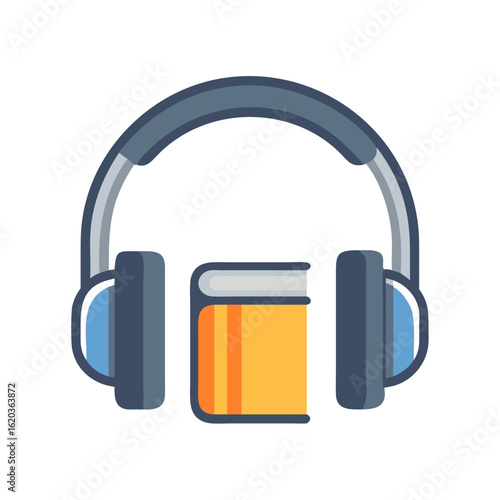 Headphones listening to an audiobook with an ear covering the book