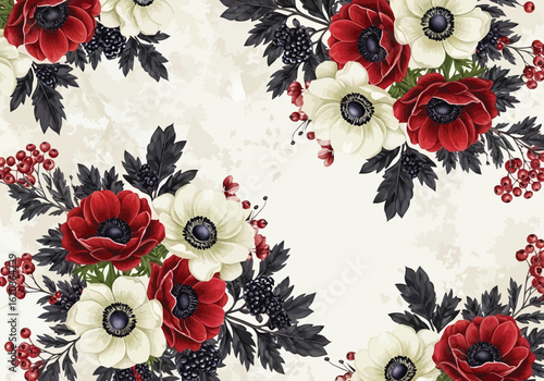 Vector illustration of beautiful anemone flowers with red and white petals arranged in a decorative pattern for a vintage floral design