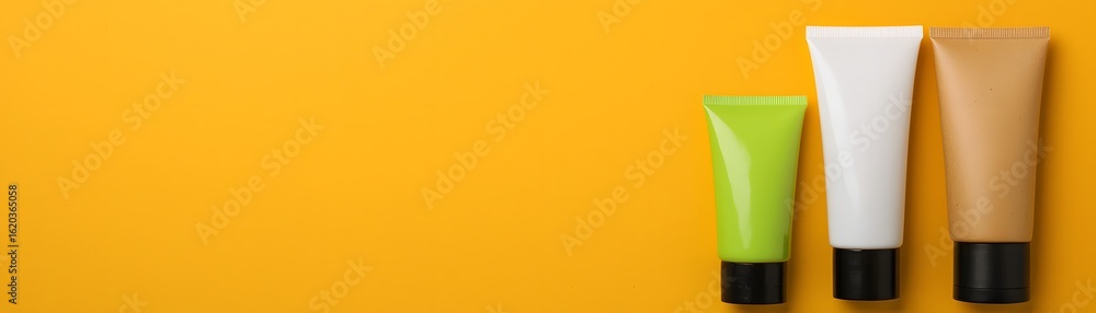 Three cosmetic tubes in green, white, and tan on a vibrant yellow background, creating a striking and modern aesthetic. Three cosmetic tubes in green, white, and tan on a vibrant yellow background, creating a striking and modern aesthetic.