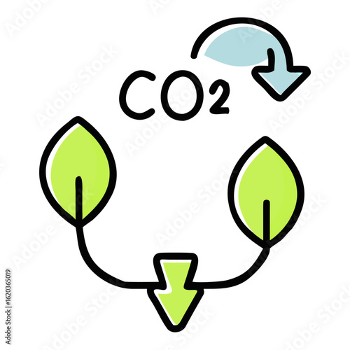 Carbon dioxide cycle with leaves and arrow isolated on white background showing the process of photosynthesis and carbon capture