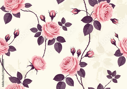 Vector illustration of a beautiful seamless pattern with vintage pink roses and purple leaves on a beige background perfect for textile or wallpaper design