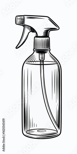 Hand drawn sketch of a clear spray bottle with trigger sprayer