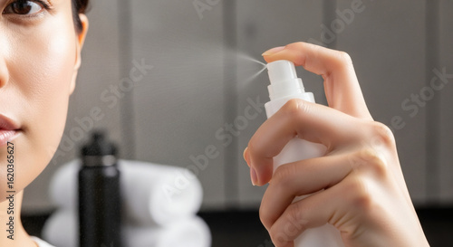 A woman's hand presses the nozzle of a white spray bottle, releasing a fine cosmetic mist.