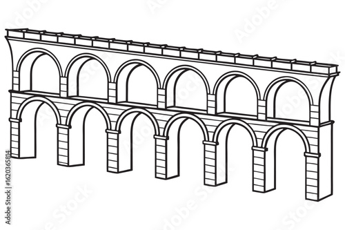 Classic stone aqueduct architectural illustration detailed line art for historical projects