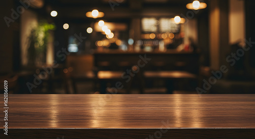 Warm, inviting wooden table top; blurred background of a dimly lit, cozy bar or restaurant at night.