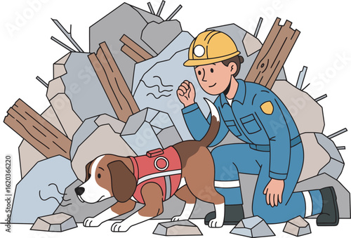A rescue worker and a trained dog search through rubble for survivors in a disaster zone.