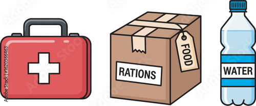 Illustration of a first aid kit, ration box, and bottled water, depicting survival necessities.