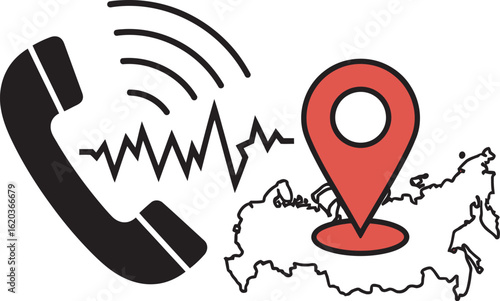 Illustration depicting a phone, sound waves, a location pin, and a map of Russia.