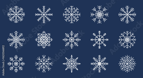 Snowflakes Christmas design. Snow flakes icons set. White geometric cold weather symbol. Winter line sign on blue background. Editable stroke.