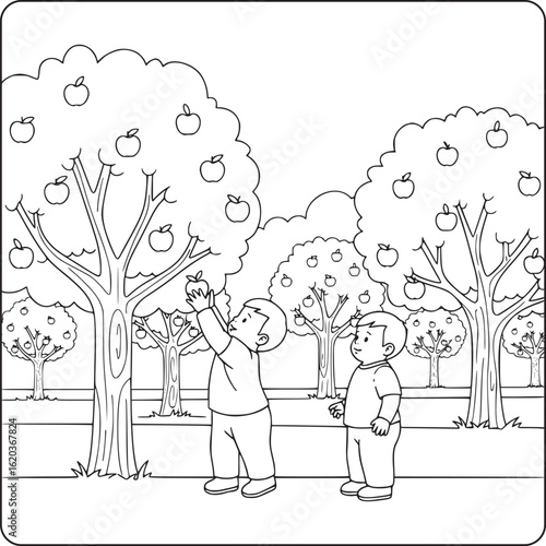 Two kids picking apples in an orchard – black and white cartoon illustration of children harvesting fruit from trees, educational fall season coloring page for kids